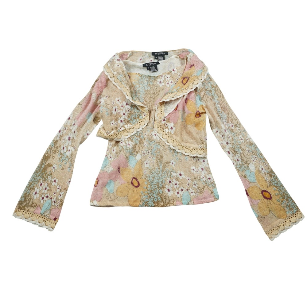 Etcetera Floral Lace-Trim Beige Multicolor Knit Sweater